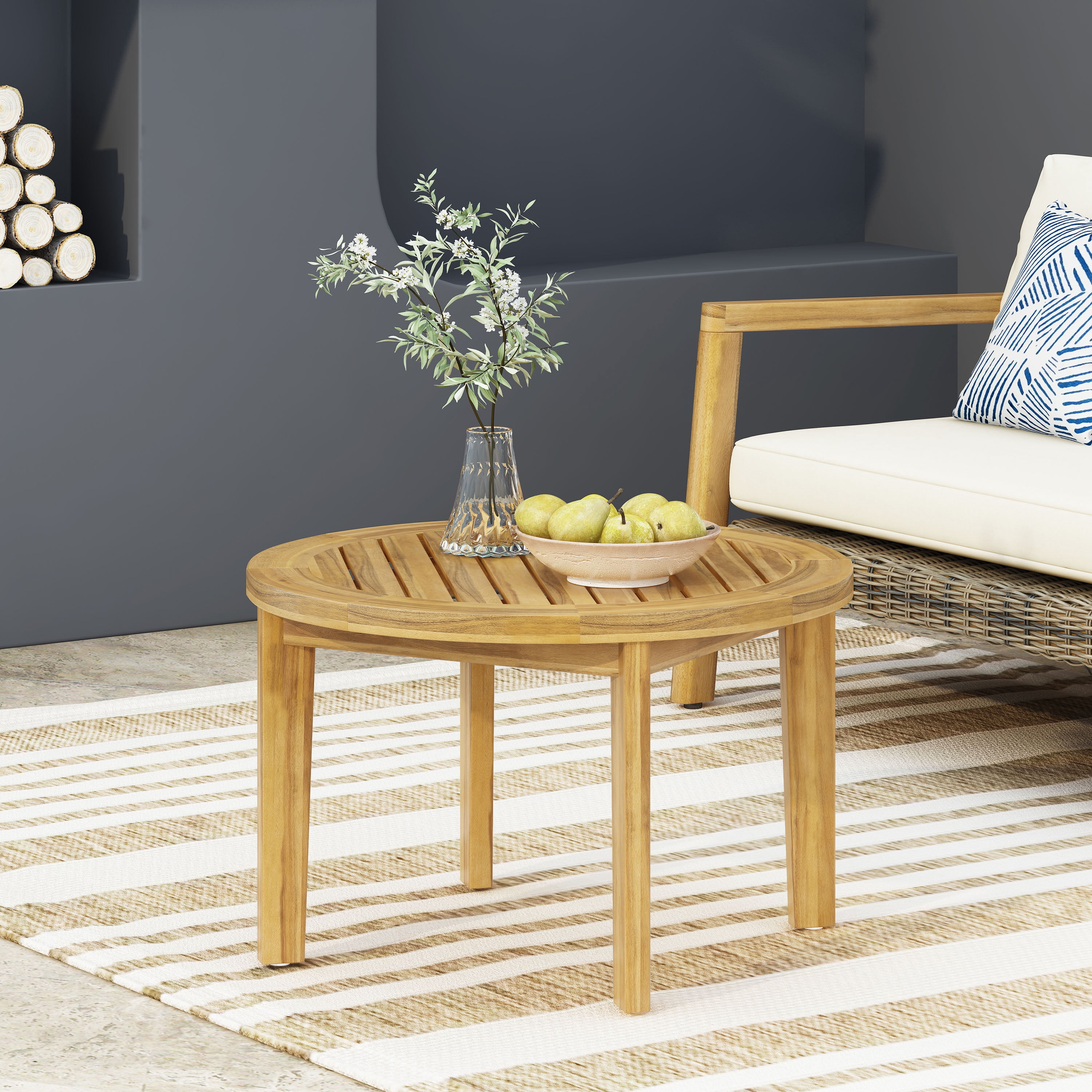 27-Inch Round Outdoor Acacia Wood Coffee Table with Slatted Top and Tapered Legs, Patio Side Table for Garden, Brown
