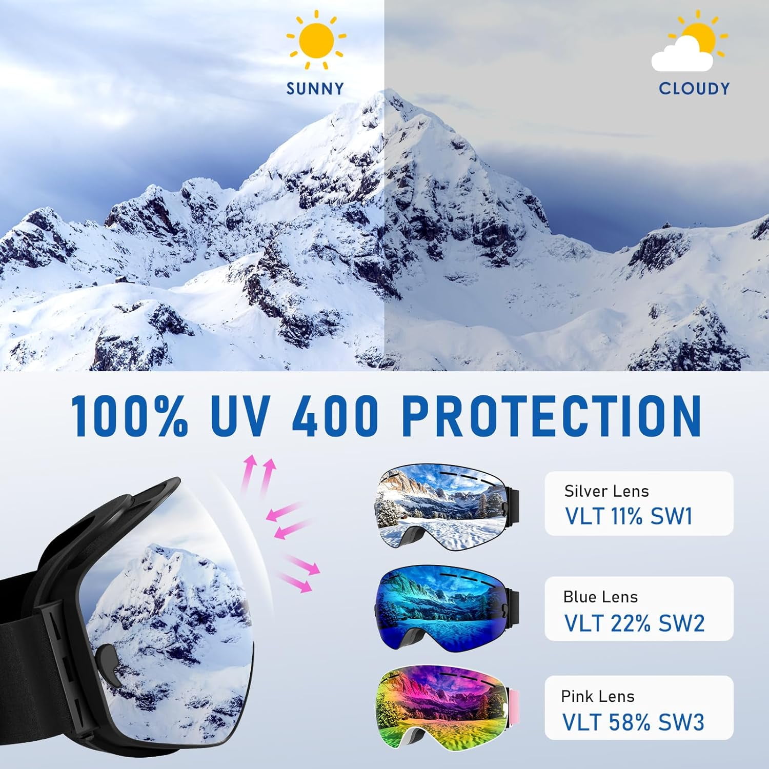 Ski Goggles Snowboard Goggles Adult - UV Protection Anti-Fog Snow Goggle Over Glasses Snow Goggles for Men,Women & Youth