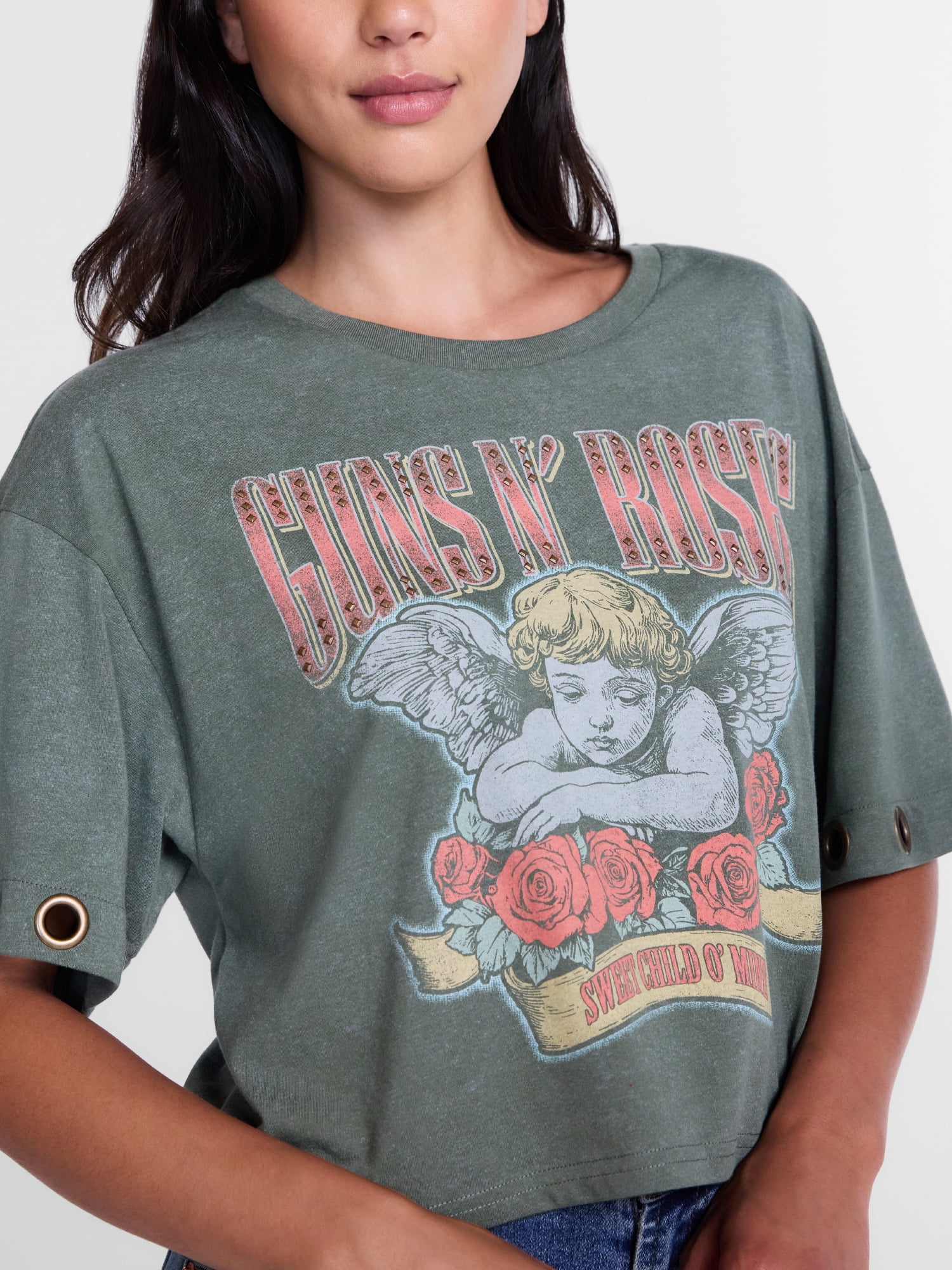 Guns N' Roses Women's Cropped Front Back Graphic Band Tee, Sizes XXS-4X