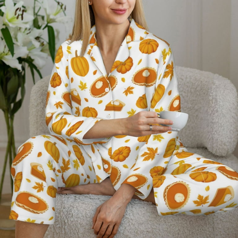 Goofa Pumpkin Maple Leaves Printed Women s 2 Piece Pajama Set Super Pajamas Women s Long Sleeve Sleepwear Soft Button Down Loungewear Pjs Lounge Set