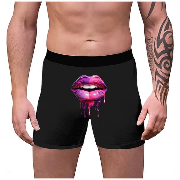 Yuncity Mens Valentines Day Boxer Briefs Underwear 3D Lip Print Breathable Personality Fashion Comfy Underpants Black L