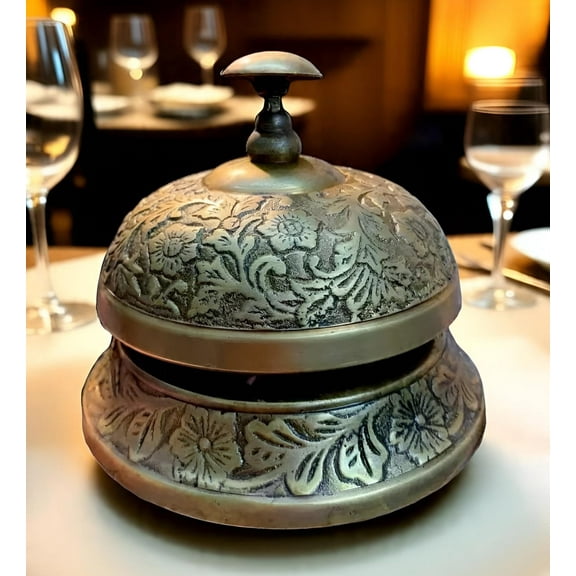 Vintage Brass Hotel Desk Bell | Hand-Engraved Floral Service Bell | Solid Brass Call Bell for Reception, Office & Home