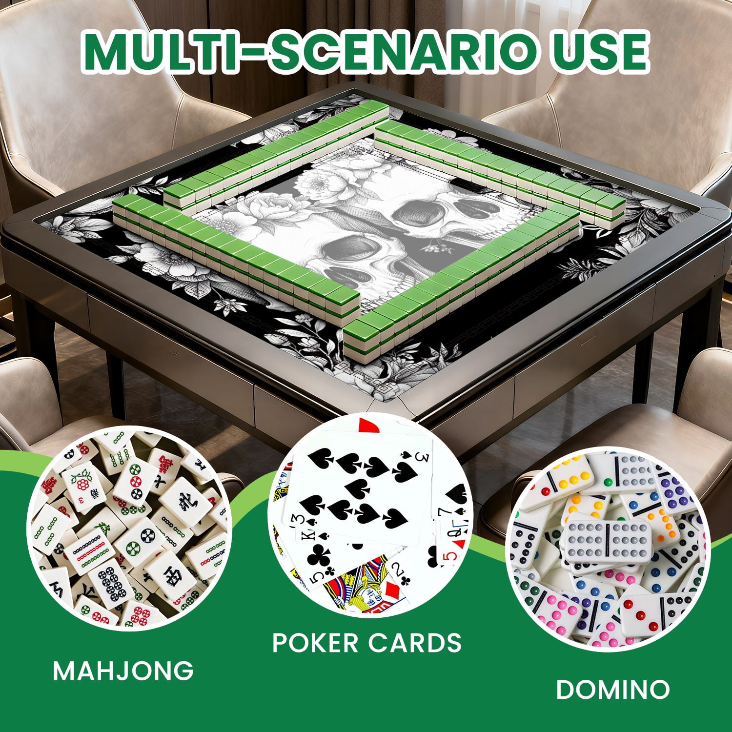 Mahjong Mat 31.5" x 31.5" seamless Wreaths garden flowers skulls Roses peonies Design for Non-Slip Noise Reduction American Mahjong Tiles Table Cover for Dominoes Poker Card Board Games Gift