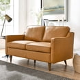 thumbnail image 2 of Loveseat Sofa, Tan, Leather, Modern Contemporary, Mid Century Living Hotel Lounge Cafe Lobby, 2 of 8