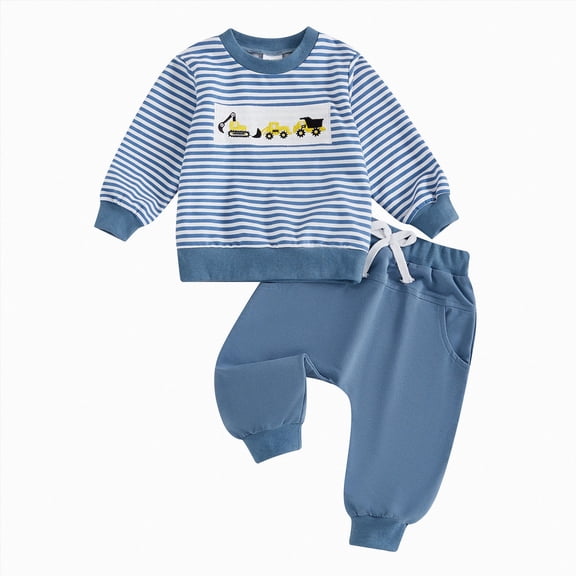 NOLDARES Toddler Infant Baby Boy Outfits 2 Piece Long Sleeve T Shirt Casual Joggers Pants Cartoon Print Clothes Clothing Set(Blue,18-24 M)