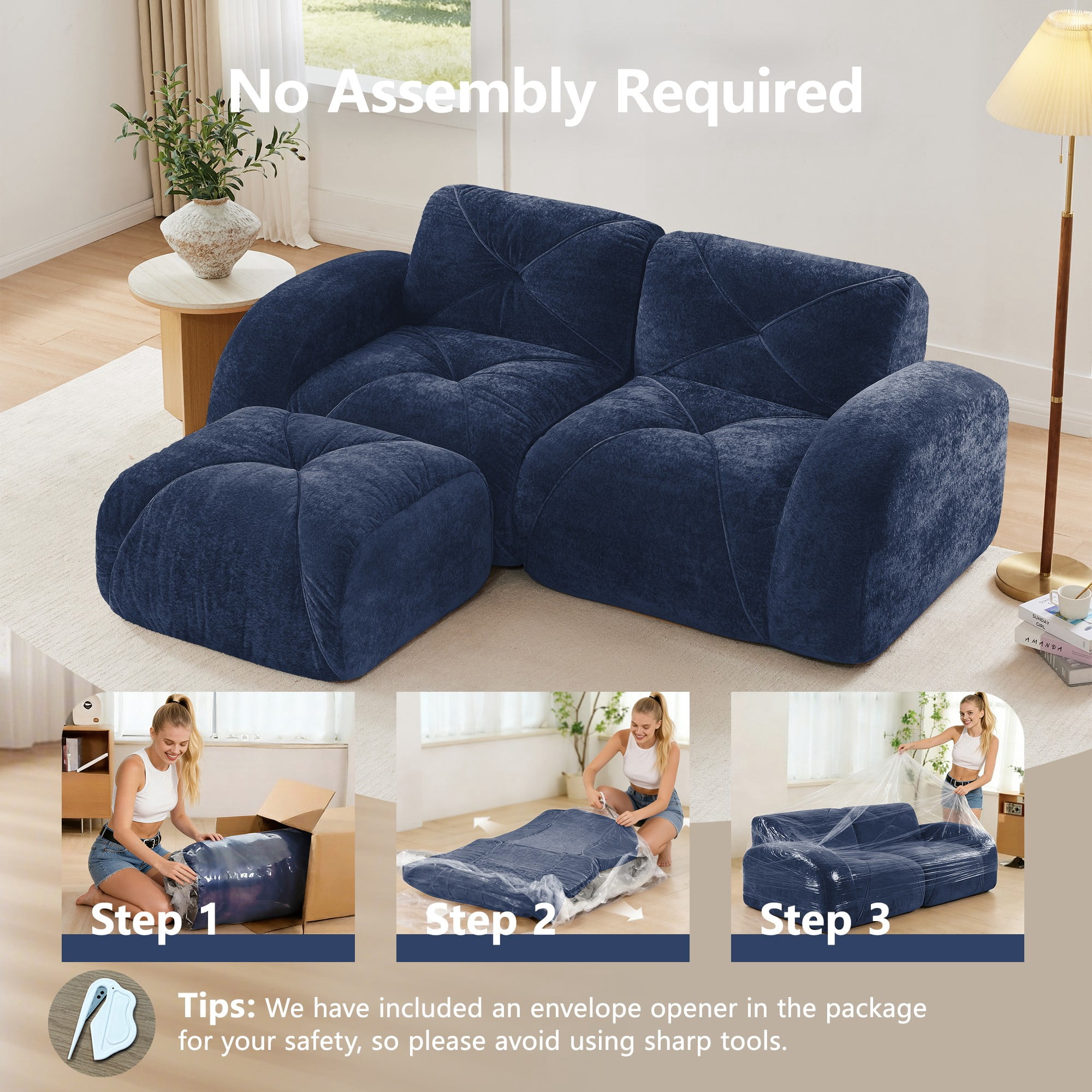 L-Shaped Boneless Sofa, Soft Velvet Fabric, Tufted Design, 32D High Density Sponge, No Assembly Required, Ergonomic Design Bottom, Anti-Slip Design, Movable Ottoman for Bedrooms (Blue)