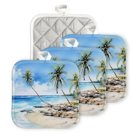 

Bahomeck Pot Holder 4Pcs Watercolor Beach Scene With Palm Trees And Waves Square Heat Resistant Hot Pads For Kitchen Cooking Oven With Hanging Loop Potholder Easy To Store