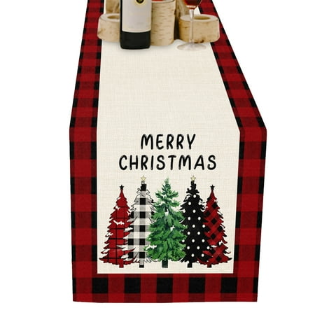 

Mightlink Christmas Table Runner Lattice Edge Snowflake Print Decorative Xmas Plaid Pattern Table Cloth for Dining Room