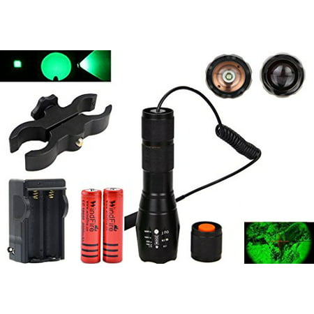 windfire green led light 300 yards tactical flashlight zoomable spot flood light torch coyote hog fox predator varmint hunting lamp kits with pressure switch, scope mount, 18650 battery and (Best Spotting Scope Under 300)