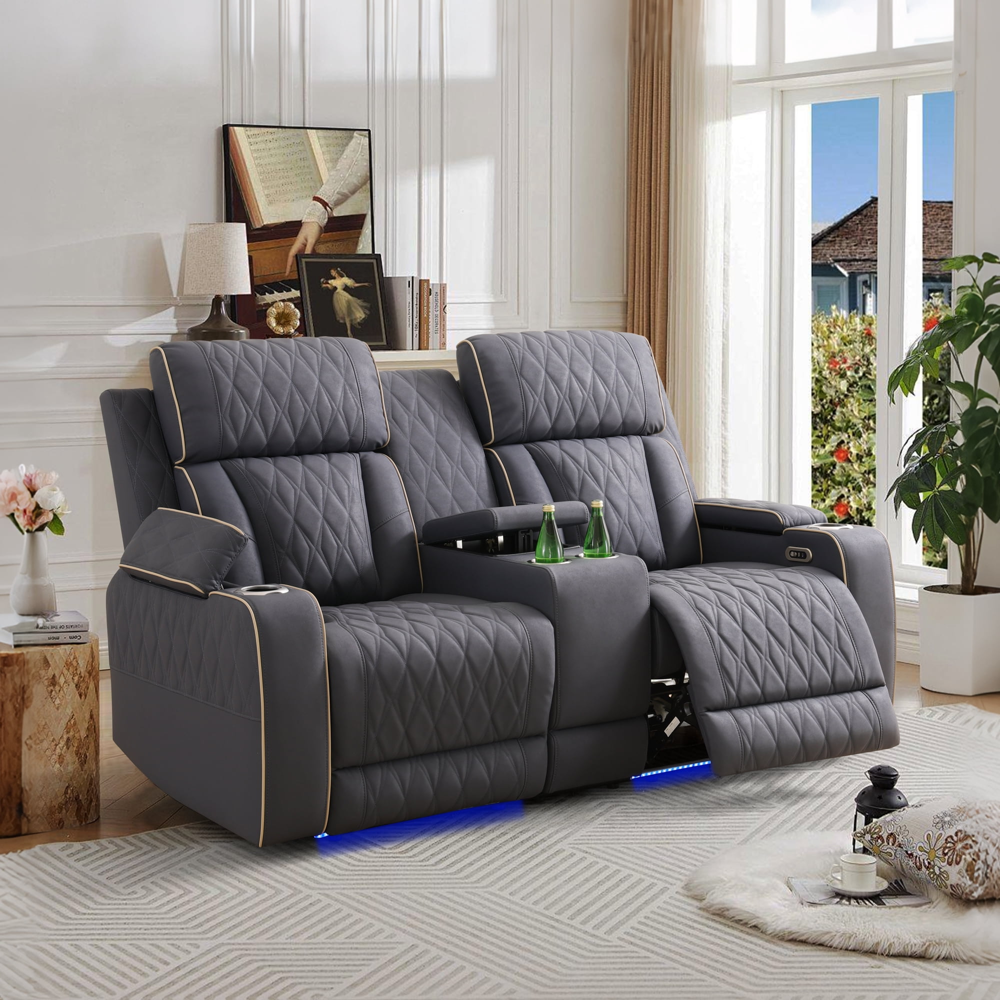 Gewnee Power Recliner Loveseat, LED Ambient Lights, Built in USB & Type‑C Ports, Hidden Storage, Home Theater Seating with Cup Holders, Matte Frosted Leather‑Blueish Grey