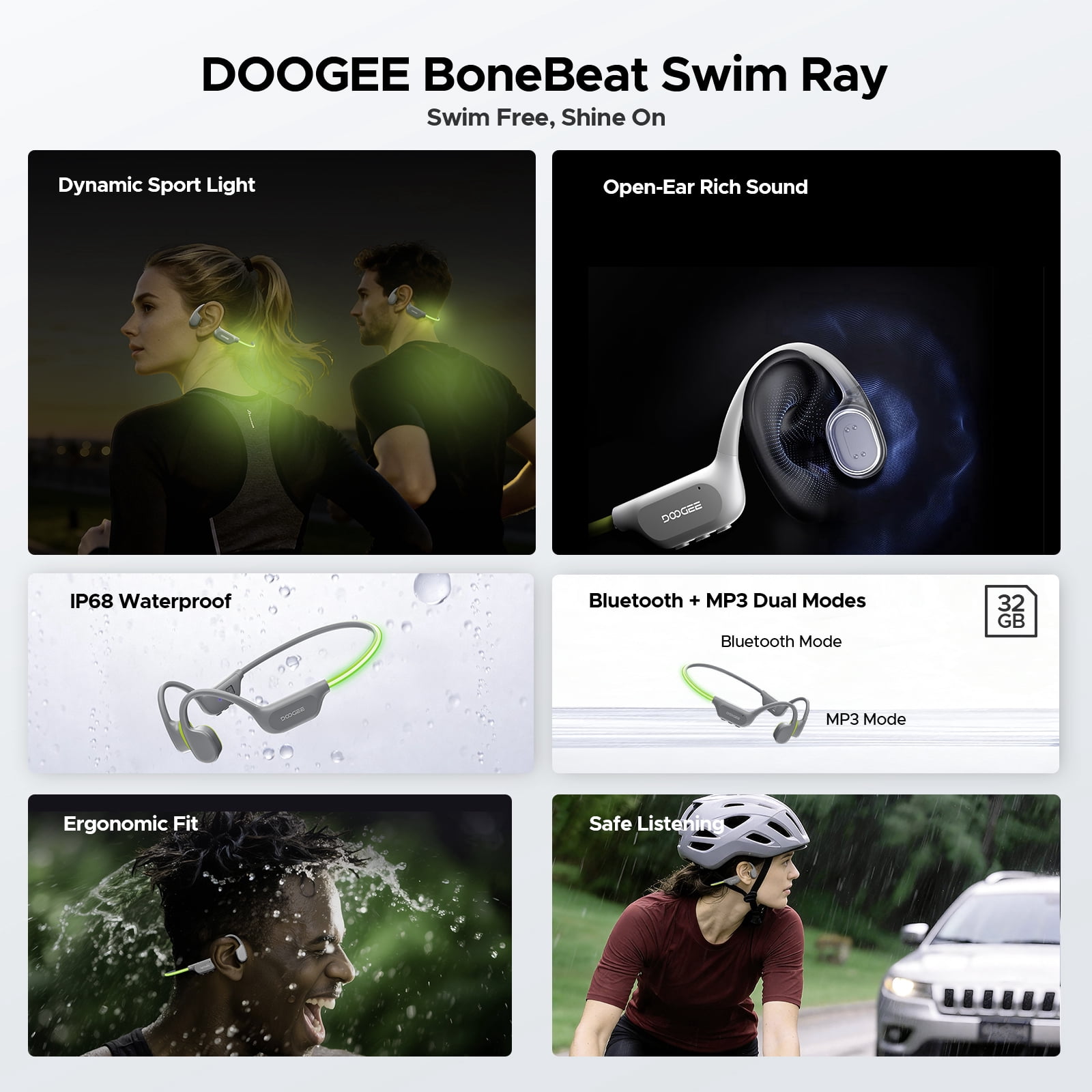 DOOGEE Bone Conduction Swimming Headphones, IP68 Waterproof Open Ear Headphones with 32GB MP3 Player, Bluetooth Audio and LED Safety Light
