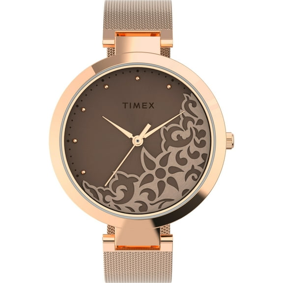 Timex Women's Rose Gold/Pink Floral 35mm Dress Watch, Stainless Steel Mesh Bracelet