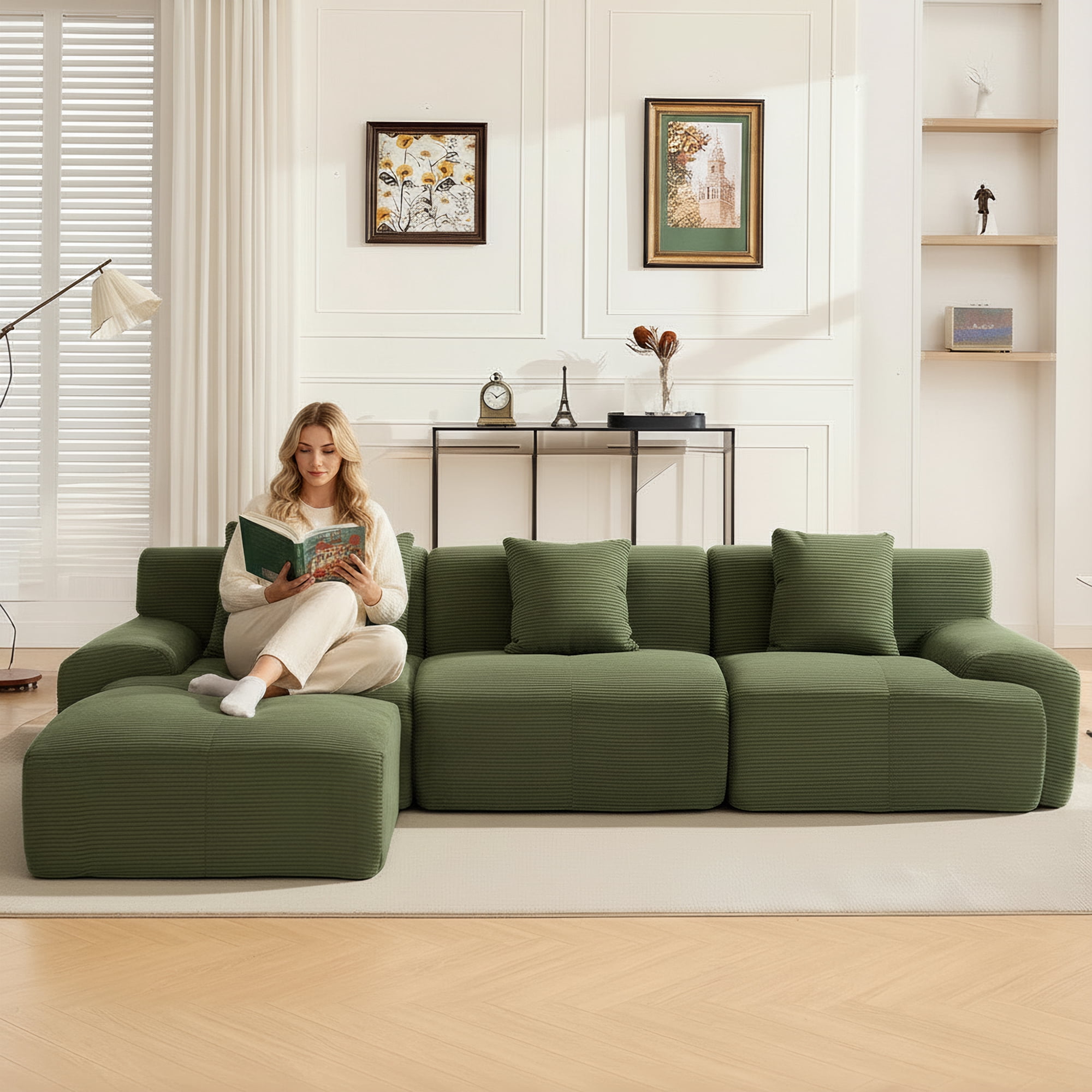 GAOHAPY 107"Modern L Shaped Modular Sectional Sofa, Oversized Corduroy Couch Deep Seat, Boneless Cloud Couch with Ottoman, 30D Sponge for Indoor Living Room, No Assembly Required(Green)