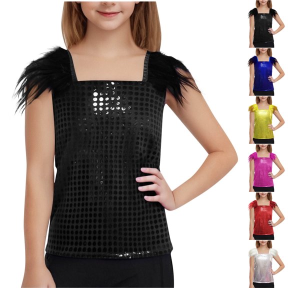 SGFCWSX Girls Tank Tops Square Neck Sequin Feather Shoulder Dance Event Shirt Black Size 9 Years