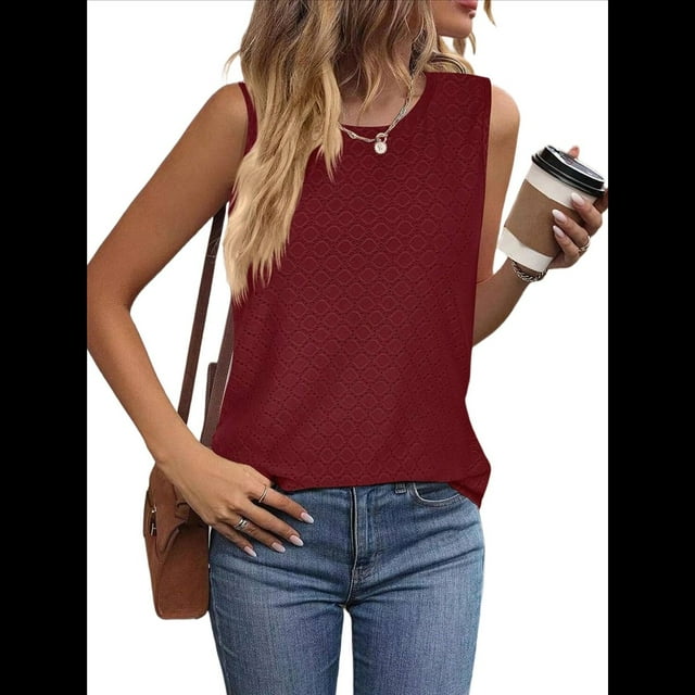 Camisas Casuales de Verano para Mujer, con Cuello Redondo y Mangas , Color Vino Tinto XXL