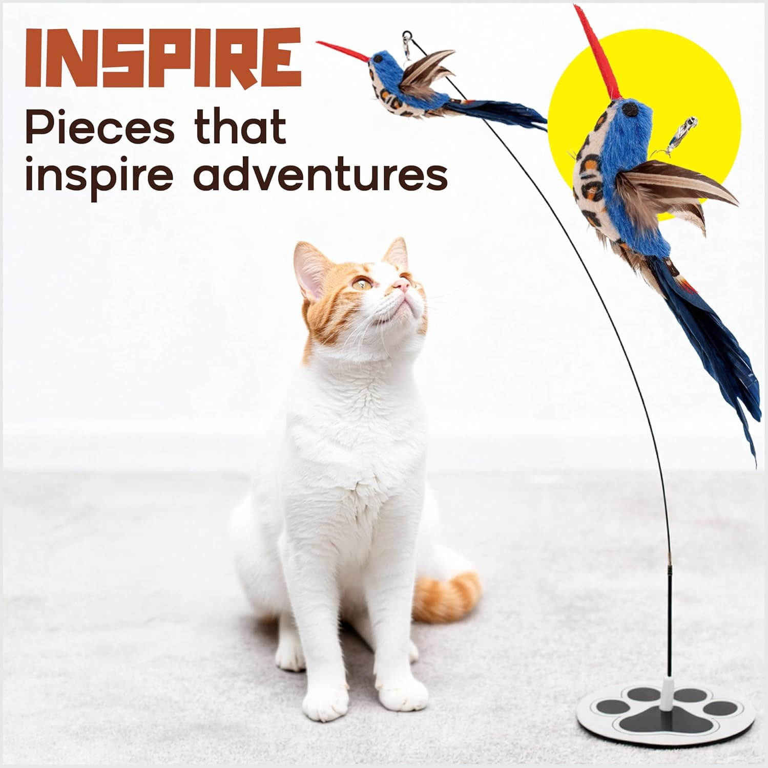 Interactive Cat Toys for Indoor Cats - 5 Replacement Feathers with Bells - Teaser Wand Toy - Self Play Bird Simulation - Bored Adult Feline Hunting Solo Chaser Activity - Kitten Juguetes para Gatos