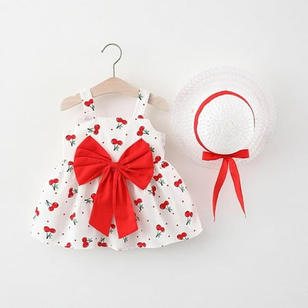

Bullpiano Summer Casual Sling Dress Sun Hat Set For Baby Children Girls Big Bow Cherry Floral Print Cotton Cute Fashion Slim