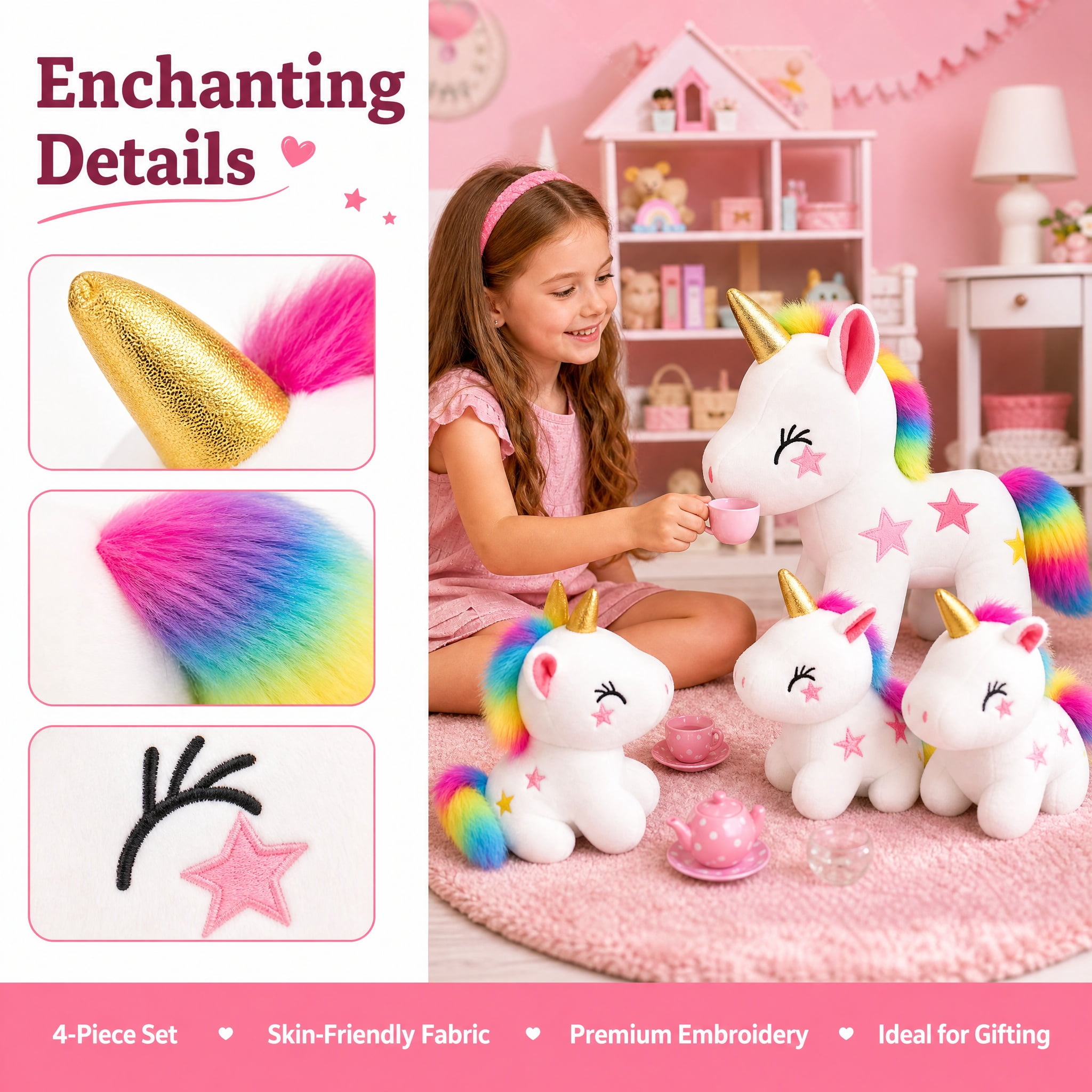 11.8inch Unicorn Stuffed Animals PlaySet- Unicorn Doll Toy Gifts for Girls - Stuffed Mommy Unicorn with 3 Baby Plush Unicorns