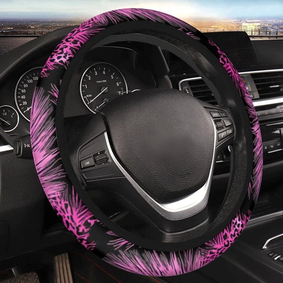 Car Steering Wheel Cover for Women Men, Non-Slip Breathable Cute Steering Wheel, Hot Pink Feather Leopard Steering Wheel Protector, Car Accessories, Universal 14" 02/2-15" Fit Auto, Suvs