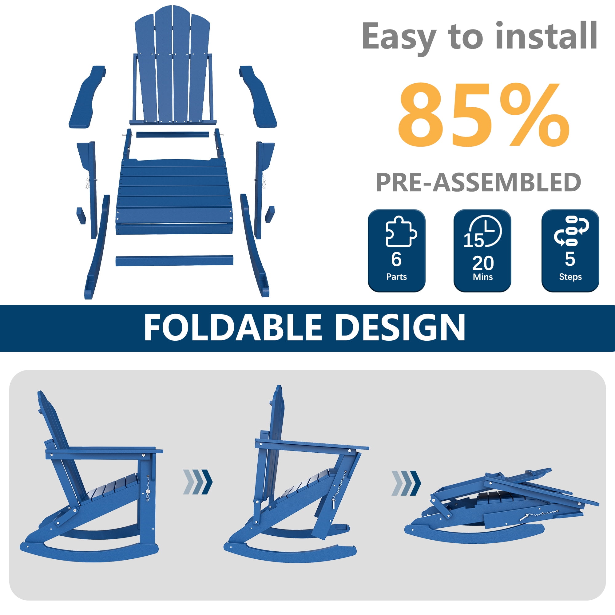 FOOWIN Folding Rocking Adirondack Chair Set of 2, HDPE Plastic Rocking Chairs for Patio Porch Rocker Chair, Navy Blue