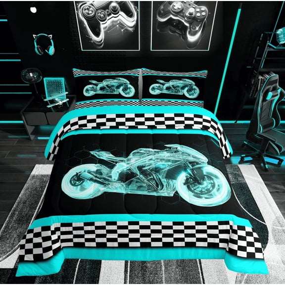 Erosebridal Dirt Bike Bedding Twin Comforter Set for Teens, Black White Checkered Down Comforter, Geometric Decor, Reversible