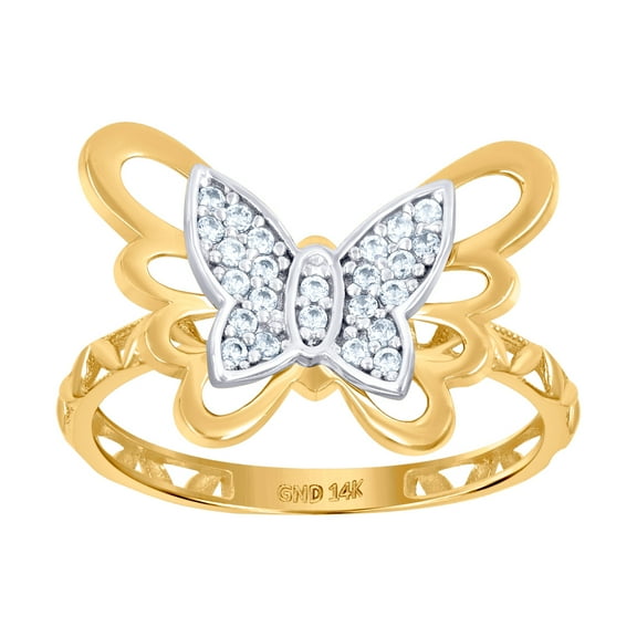 14k Two-tone Gold Womens Cubic Zirconia Butterfly Angel Wings Fashion Ring 12.9mm Long Ring for Women