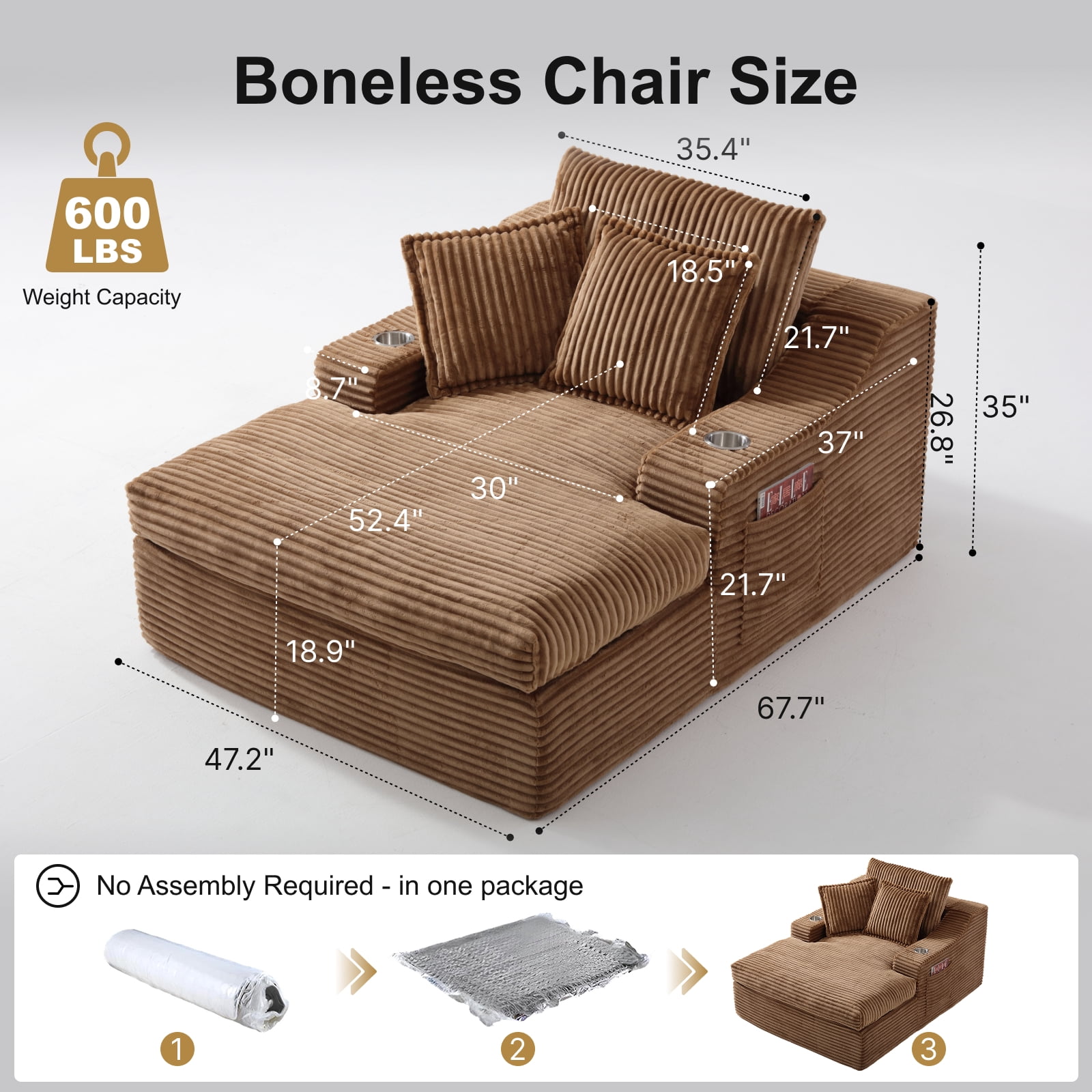 47" Wide Oversized Single Chaise Lounge Chair, 67'' Sleeper Sofa Bed with Cup Holders & 3 Pillows