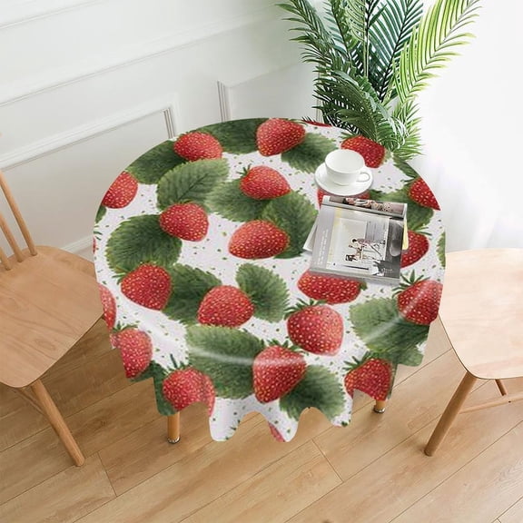 RKSupls 60 Inch Round Tablecloth, Strawberries Leaves Premium Polyester Straight Edge Wrinkle Resistant Washable Table Cover for Party Home Dining Decor