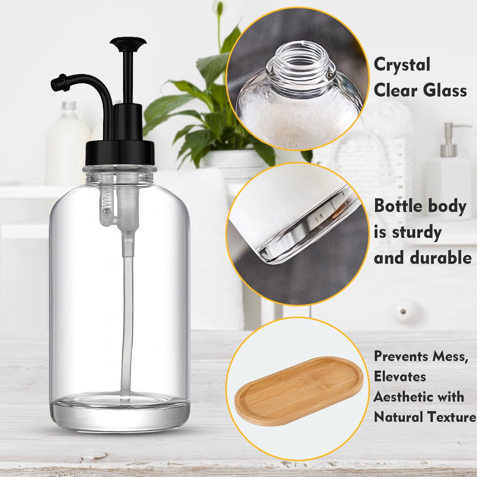 GIRACOA Glass Soap Dispenser with Black Pump, 2 Pack Clear Foam Pump Soap Dispenser with Bamboo Tray 500ml 18oz / Each Bottle