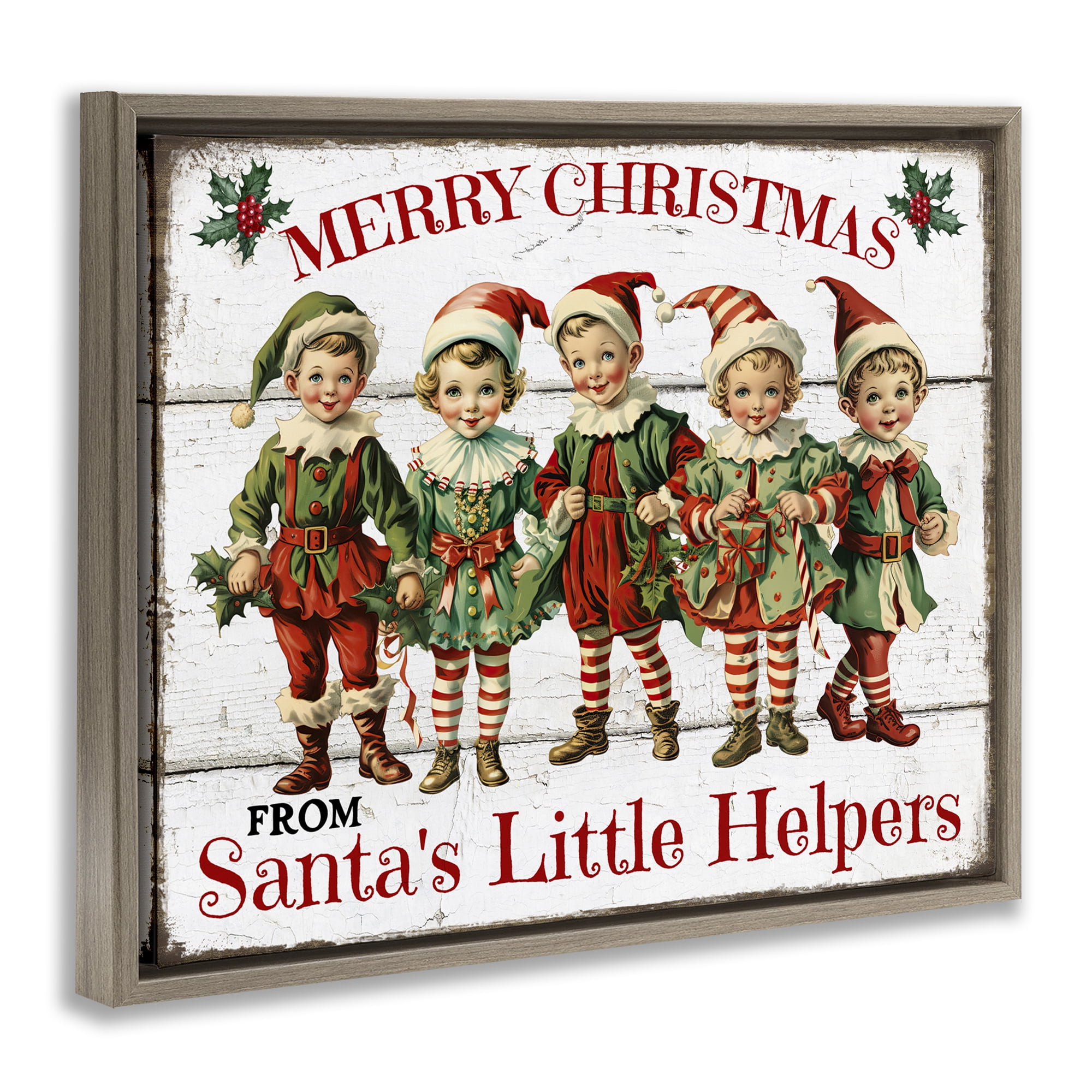 Stupell Industries Santa's Helpers Elves Holiday Painting Brown Floater Framed Canvas Art Prints Wall Art, 21 x 17