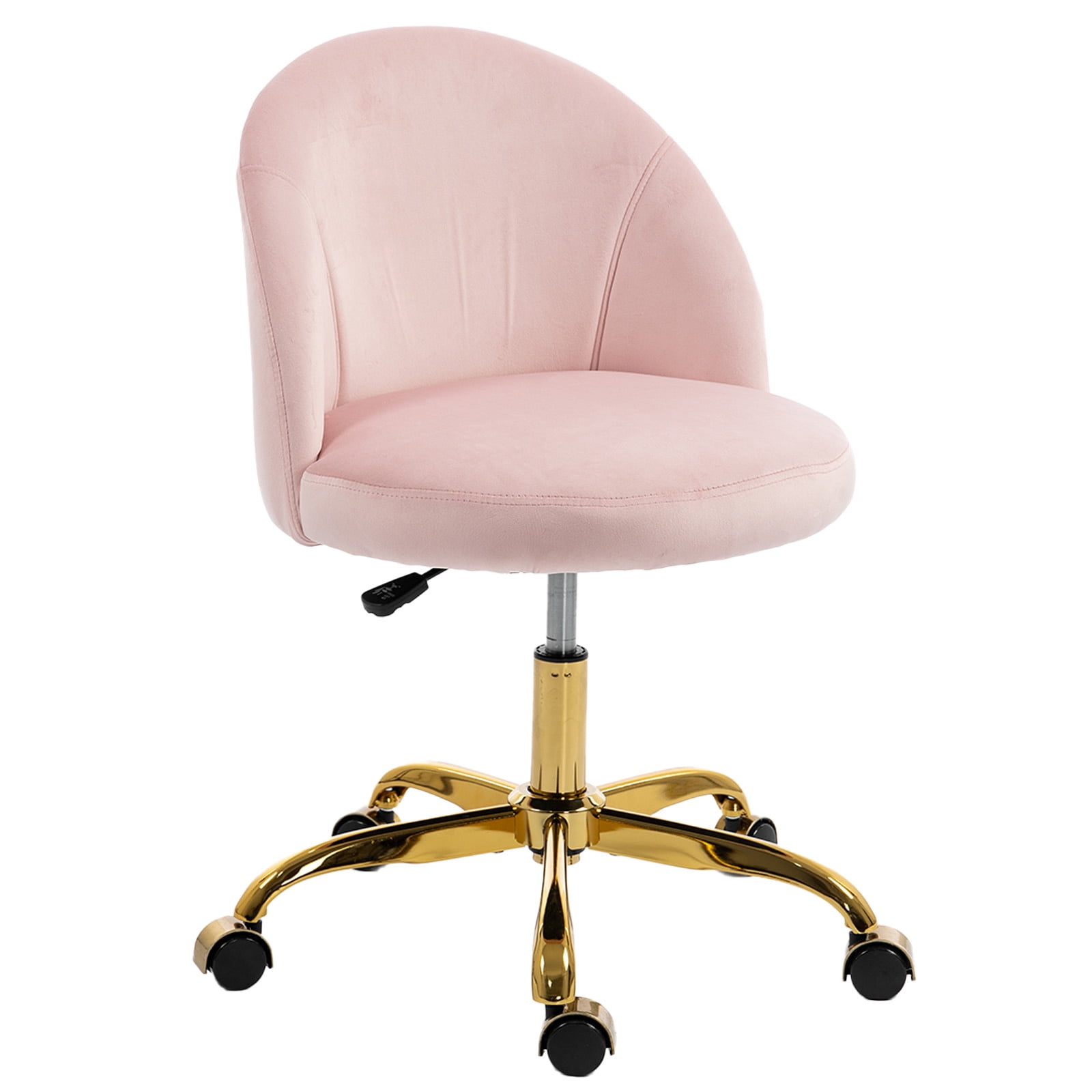 Modern Velvet Small Office Chair,Cute Desk Chair With Wheels,Gold Base/Studs, Comfy Armless Swivel Vanity Task Chair For Women/Girl/Kids, Nail Tech Chair For Bedroom,Small Space,Pink