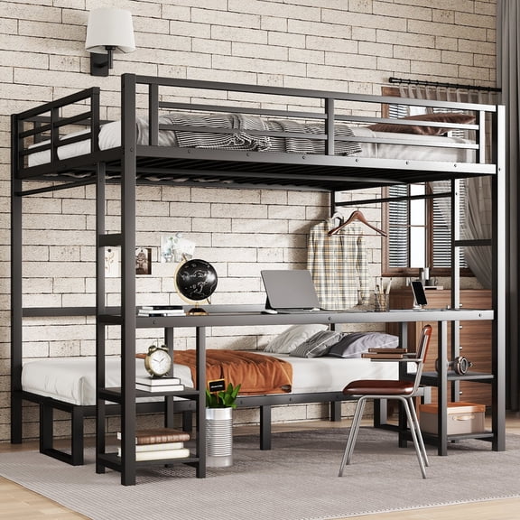 Black Metal Queen Over Twin XL Bunk Bed/Loft Bed with Desk, Shelves, LED, USB, Foldable into Sofa for Study, Work & Leisure
