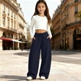 thumbnail image 2 of lnmuld Girls Solid Wide Leg Sweatpants Soft Casual Drawstring Loose Trousers with Pockets Navy,10-11 Years, 2 of 6
