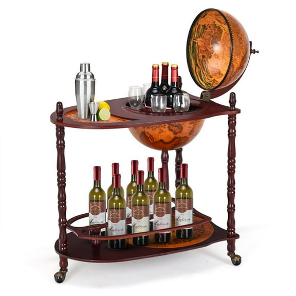 Yardi Yarda Vintage Globe Rolling Wine Bar Cart with Extra Shelf, Bar Cart with Sturdy Steel Construction, Brown
