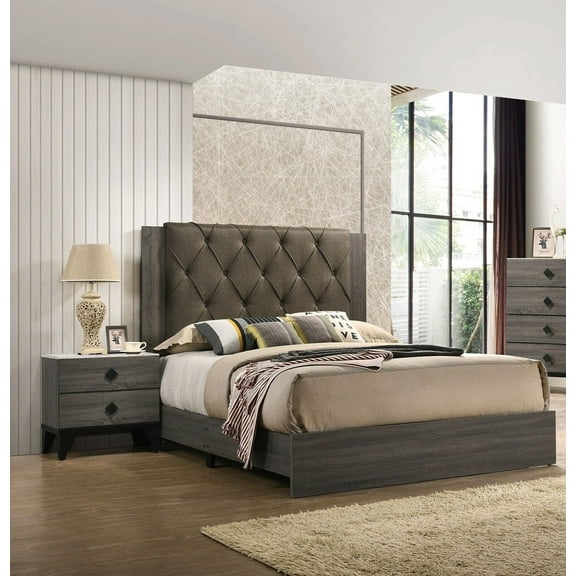 Queen Size Bed And 2x Nightstands Gray Color Transitional Style Wooden Bedroom Tufted Headboard Bedframe