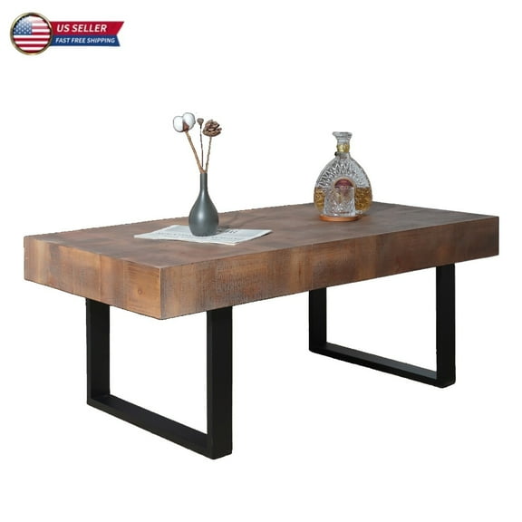 GZXS 47.2" Handcrafted Rectangular Center Table for Living Room, Rustic Industrial Wood Coffee Table with Metal Legs, Brown and Black