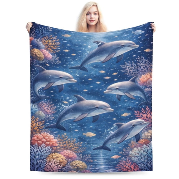 Ocean Dolphin Coral Blanket, Summer Coastal Marine Art Soft Cozy Plush Flannel Blanket for Sofa Couch Bed Living Room Decor 50x40