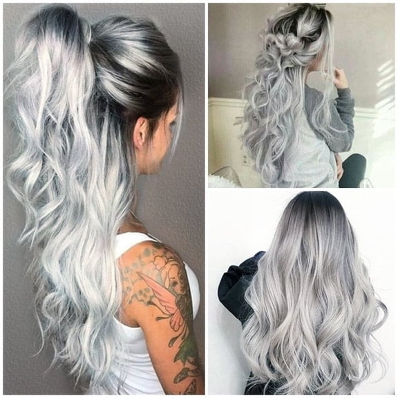 Fiykzur 28 Inch Long Wavy Gradient Gray Silver Synthetic Wig for Women, High Temp Fiber, Washable, with Hair Net