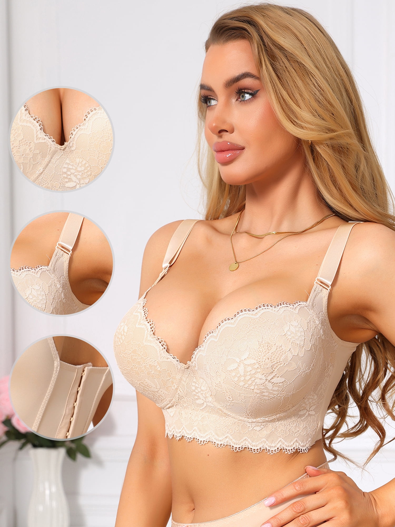 DARING DIVA Women's Underwire Bra Lace Bralettes Full Coverage V Neck C 40 Beige
