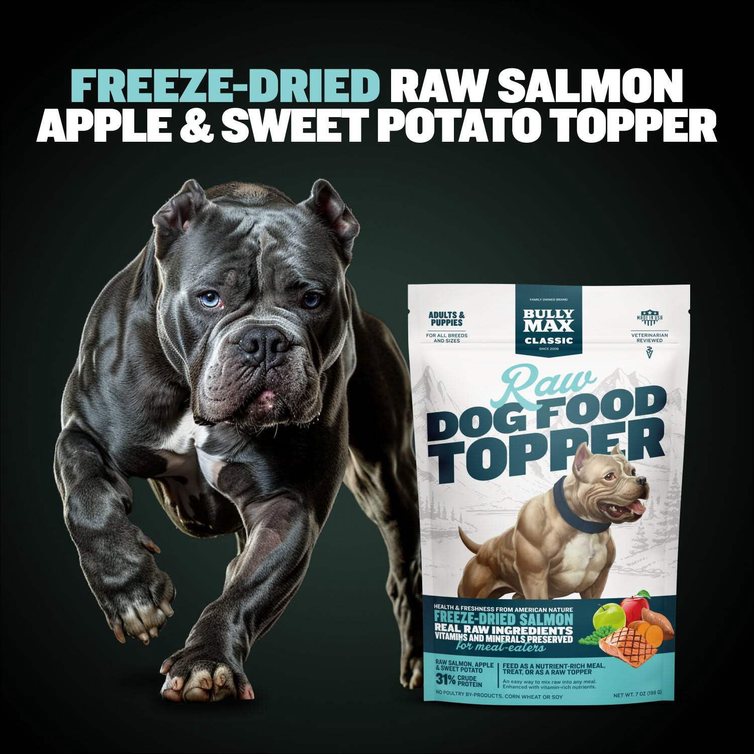 Bully Max Freeze-Dried Salmon Flavor Raw Dog Food Topper, 7 oz. Bag
