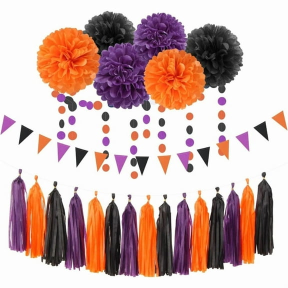 Halloween Tissue Paper Pompoms Set with Tassels Assorted Sizes Decorations for Indoor and Outdoor Use Party Supplies
