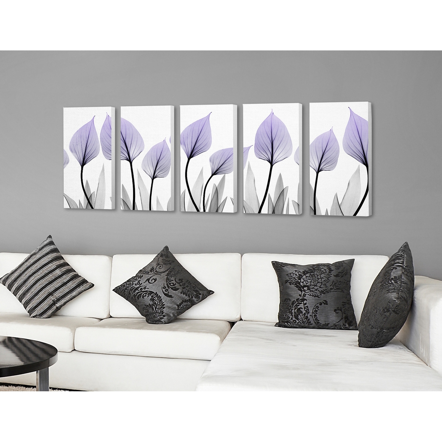 The Stupell Home Decor Translucent Purple Floral Leaves Triptych Canvas Wall Art, 5pc, each 10 x 21