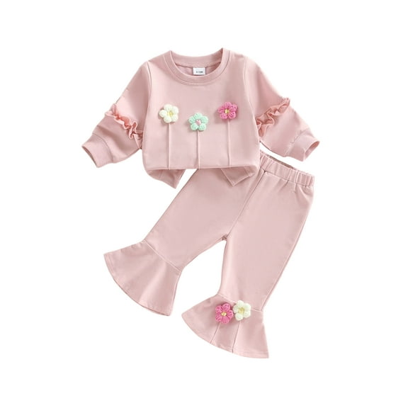 Loicainy Toddler Baby Girl Spring Fall Outfit 6 12 18 24 Months 2T 3T 4T Long Sleeve Crew Neck 3D Crochet Flower Decor Sweatshirt and Bell Bottom Pants Clothes Set
