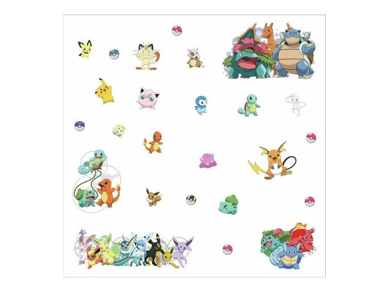 POKEMON FAVE DECALS, Brand: RoomMatesColor: Yellow, Red, BlueFeatures: <ul>
<li>Comes with 25 wall decals; decal range size 1. 64 inches x 1. 64 inches to 13. 14 inches to 8. 04 inches</li>
<li>Easy to apply - just peel and stick</li>
<li>Applies to any smooth surface</li>
<li>Decals are removable and repositi</li></ul>