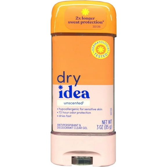Dry Idea Anti-Perspirant and Deodorant, 72 Hour Protection, Unscented Gel, 3 oz, 3 Pack
