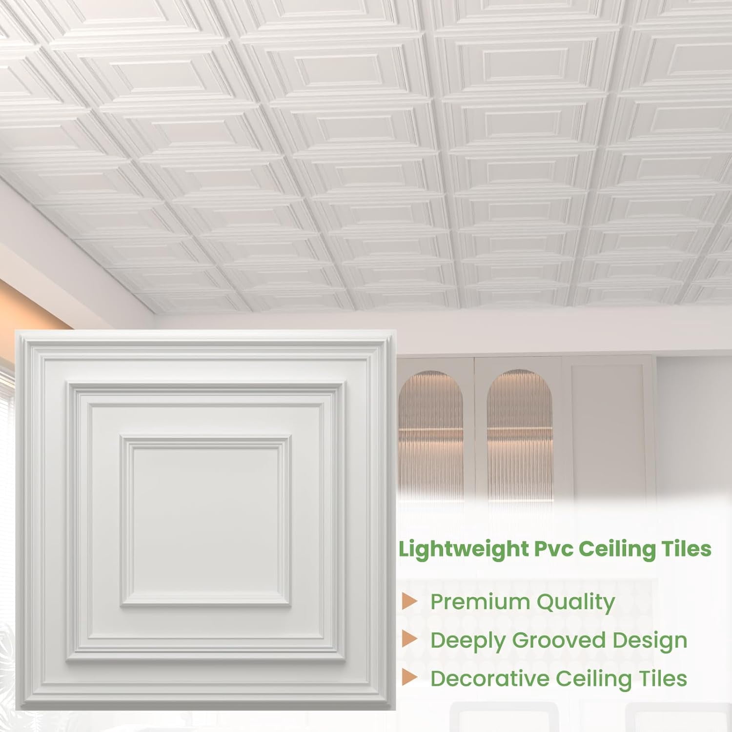 24 pcs 2ft x 2ft Drop Ceiling Tiles, PVC Ceiling Panel White, Waterproof, Washable and Fire-Rated - Reusable - High-Grade PVC to Prevent Breakage (96 sq. ft./Box)