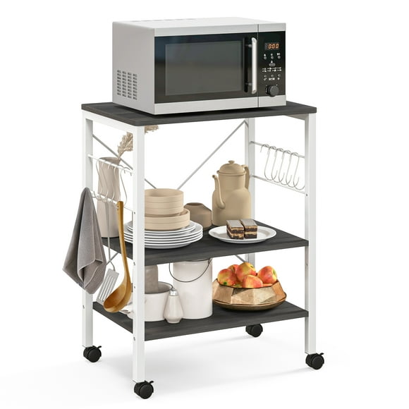 Costway 3-Tier Kitchen Baker's Rack Microwave Oven Storage Cart w/ Hooks Brown