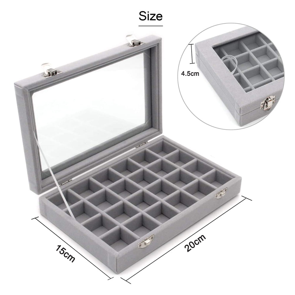 2 In 1,Size M Clear Lid Jewelry Tray,Ring Earring Necklace Jewelry Storage Organizer Ice Velvet Jewelry Display Showcase Lockable Jewelry Box Gifts for Girls Women