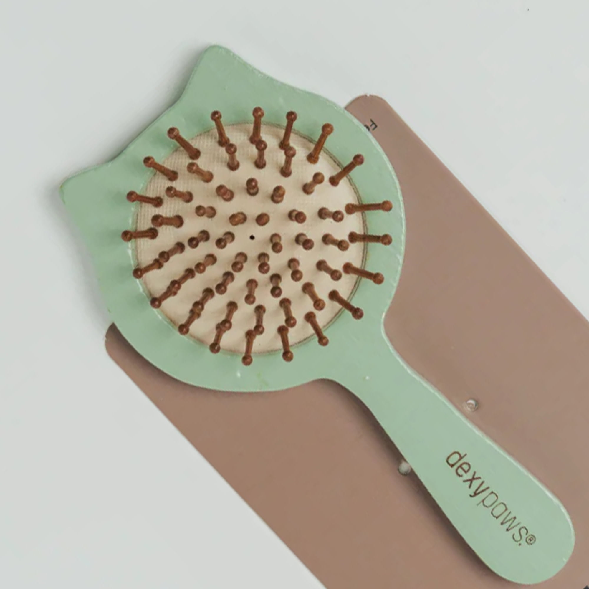 Dexypaws: Purrfect Massage Cat Brush - Sage Green, Cat Shaped Comb Head, Pet Care, Grooming-Relaxation Tool, Wooden Handle, Coat Health, Soft Bristle