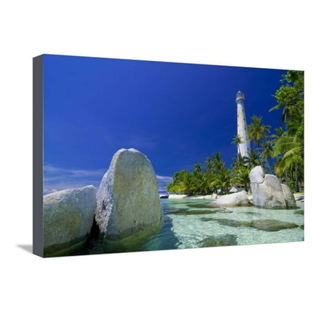 Beautiful View of an Island with White Lighthouse Fringed by Crystal Clear Sea and White Granite Bo Stretched Canvas Print Wall Art By FADIL